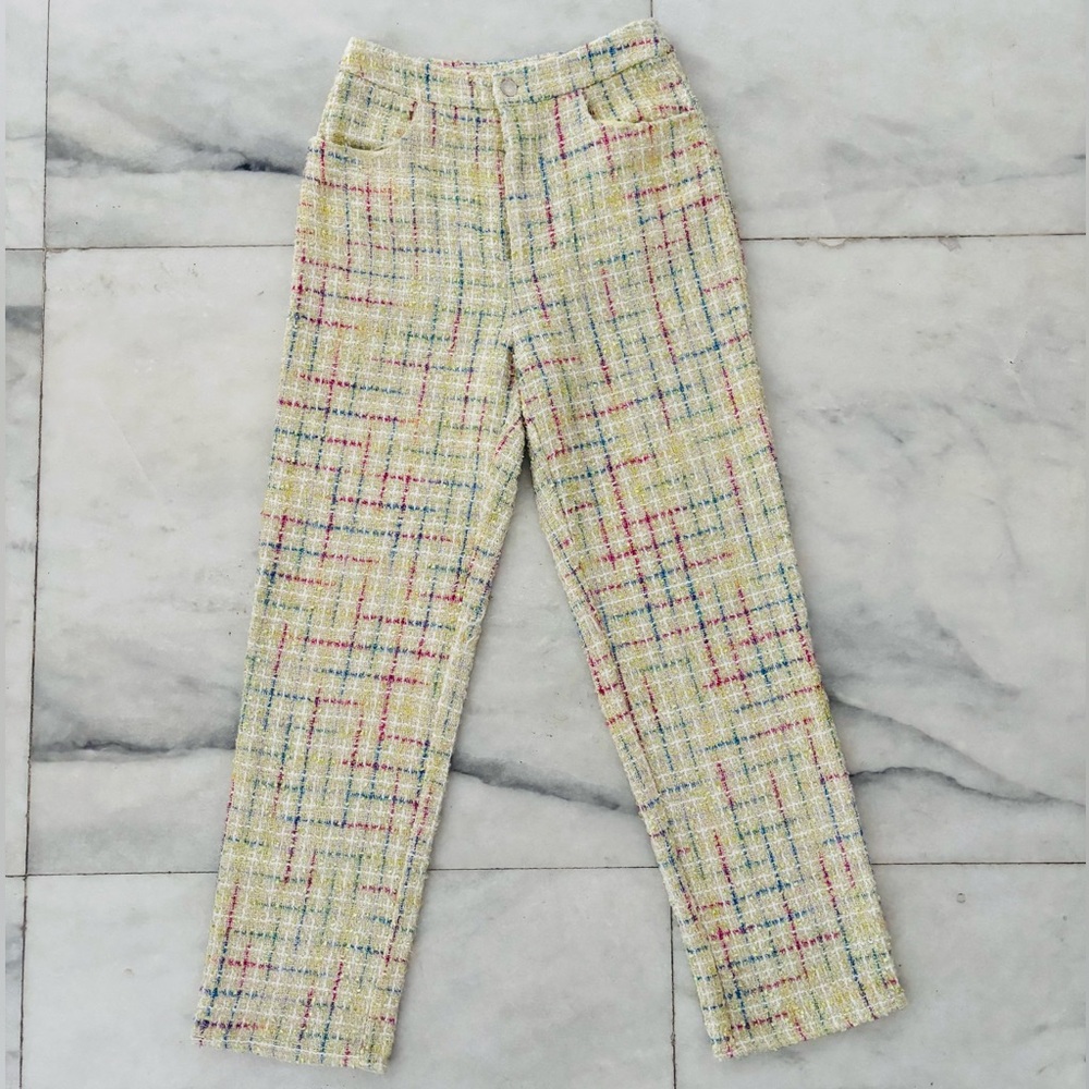 Molly Green Pants Tweed Ivory Colorful Plaid Straight Leg High Rise Women S Y2K